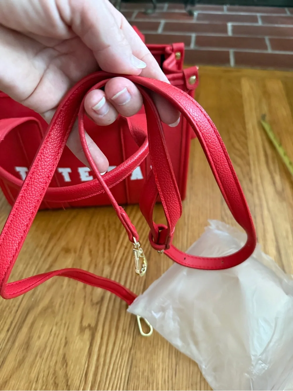 Tote bag red faux leather small tote purse with extra strap New